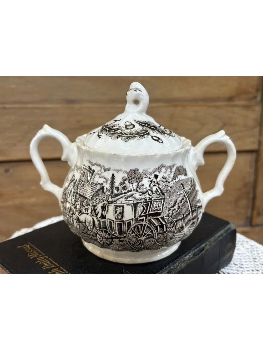 Vintage English Brown & White Transferware Sugar Bowl Pot Myott Staffordshire